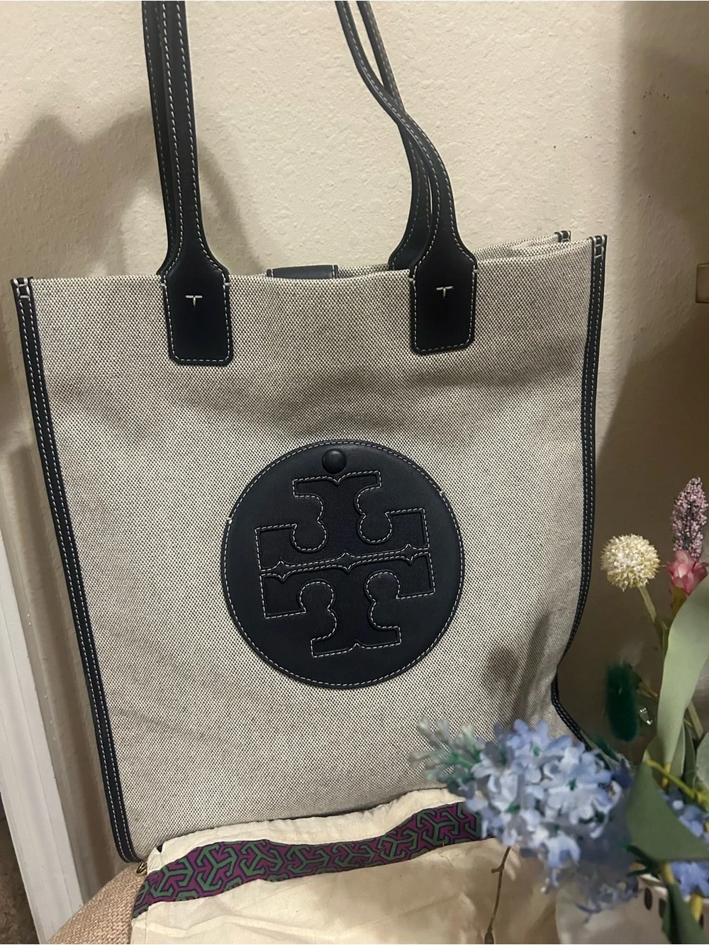 Tory Burch Ella North/south Tall canvas and leather tote natural/navy